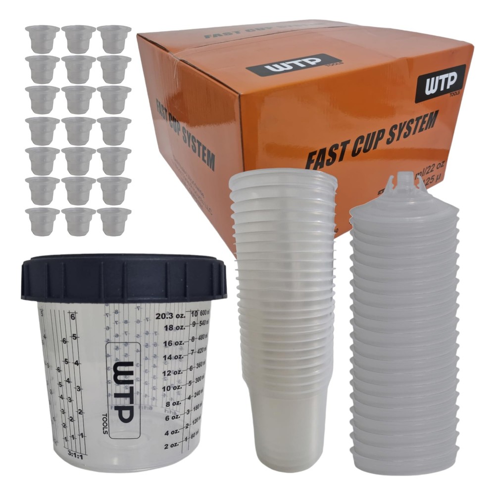 Disposable Paint Cup System KIT Combo, 50 Lids + 50 Liners + 1 Hard Cup + 20 ...
