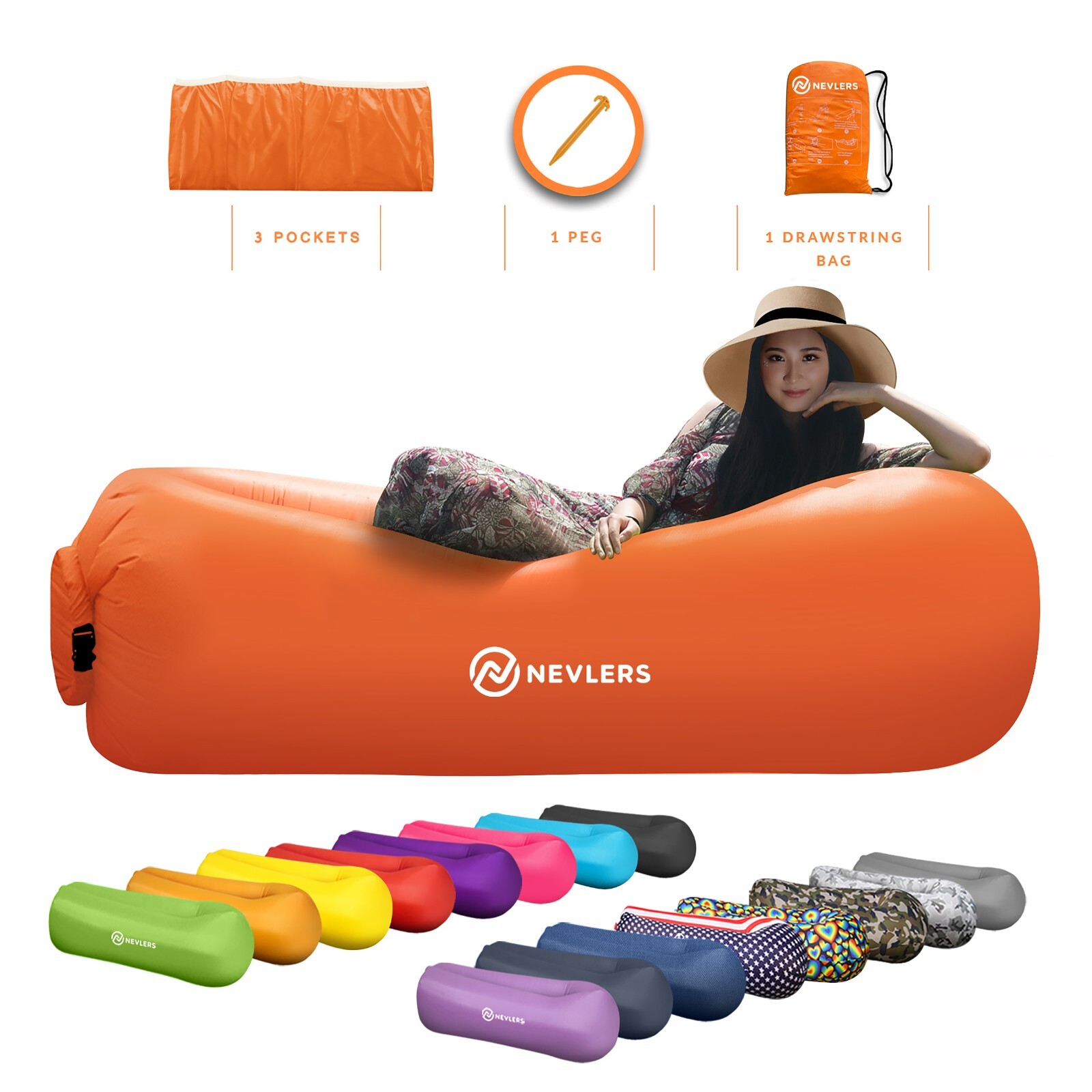 Mockins Inflatable Blow Up Lounger Outdoor Chair Bed Travel, With Bag & Pockets gallery