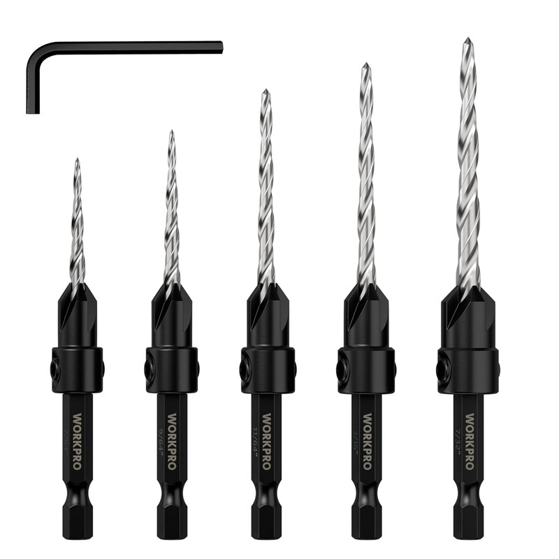 WORKPRO 5PC HSS Countersink Drill Bit M2 4Flute Woodworking Pilot Screw Hole Set gallery