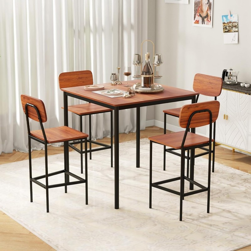 Industrial 5-Piece Dining Table Set, Walnut Finish gallery