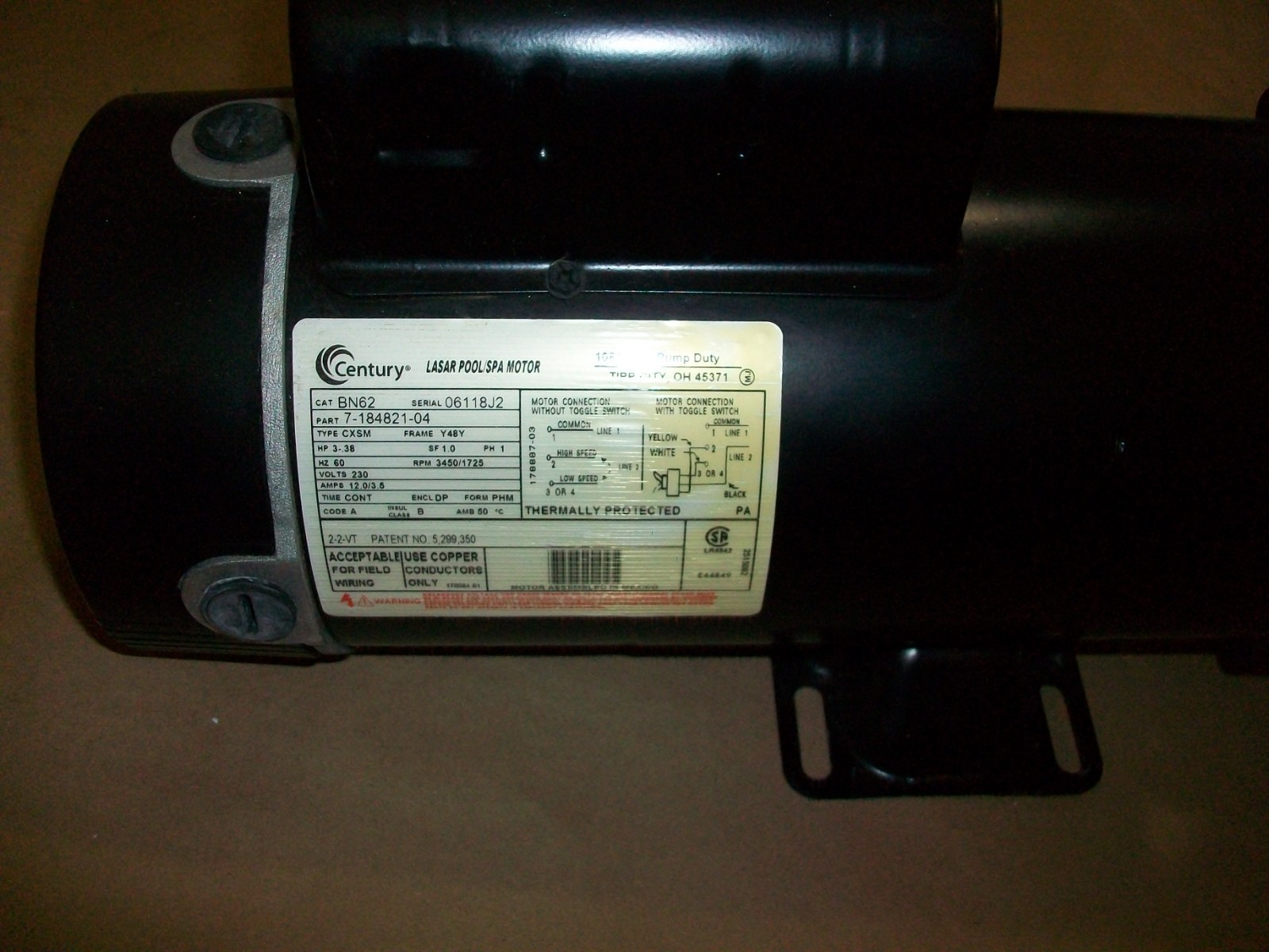 Century BN62 2-Speed Pool & Spa Motor 7-184-821-04 230v 1 phase 3.38hp gallery