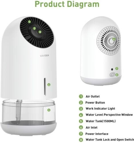 Portable Mini Compact Dehumidifier 1500ml 322 sq ft Ultra Quiet Auto Shut Off gallery