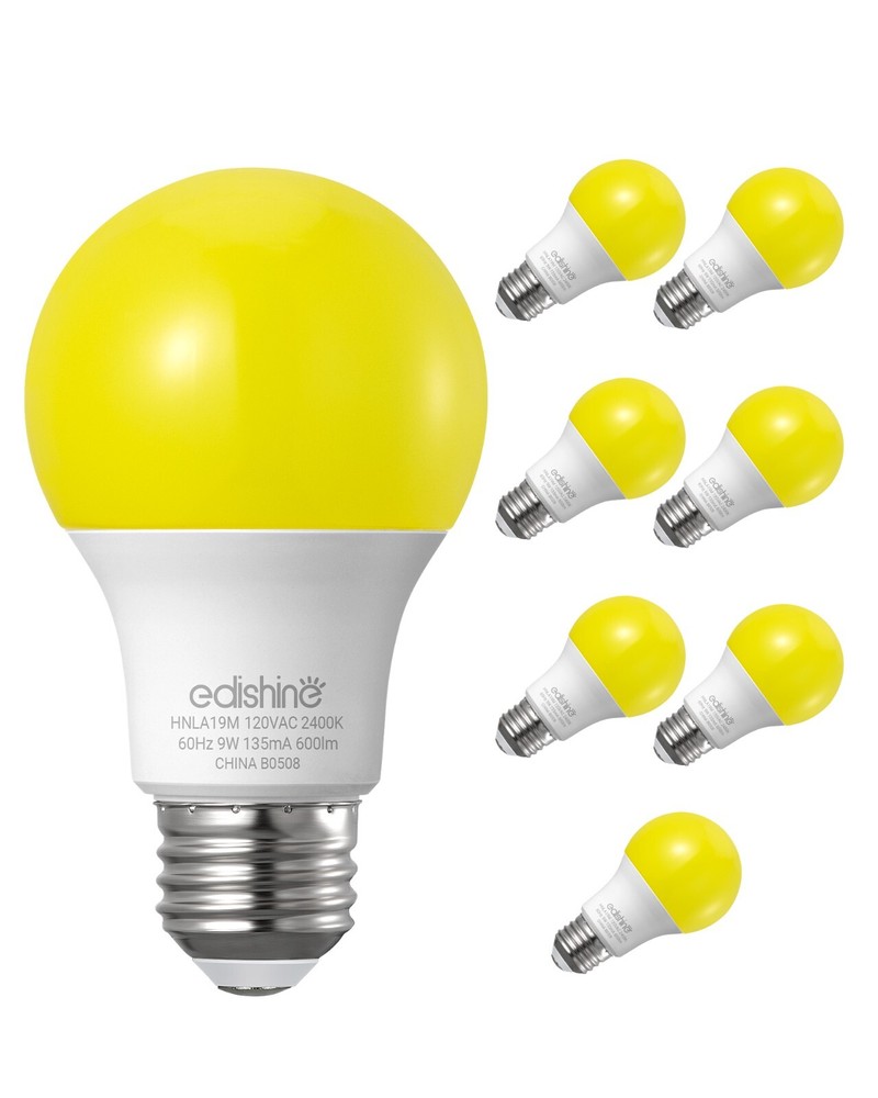 EDISHINE 8 Pack A19 Yellow Bug Light Bulb 600LM, 2400K Amber Glow Non-Dimmable