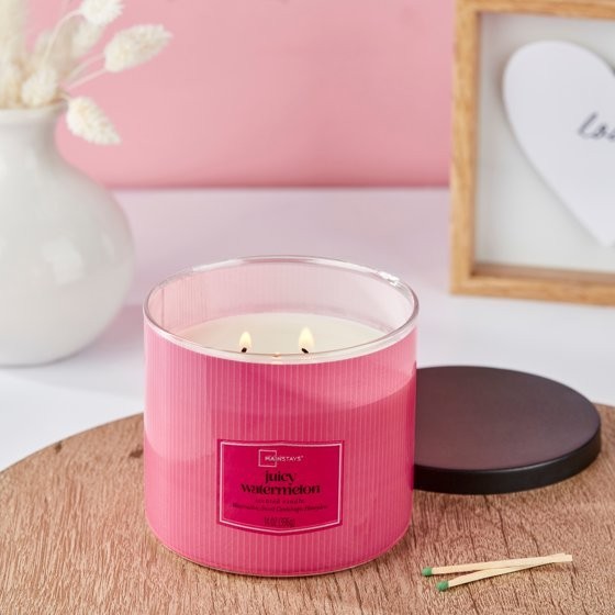 2 pack Mainstays 3-Wick Textured Wrapped Juicy Watermelon Scented Candle, 14 oz gallery