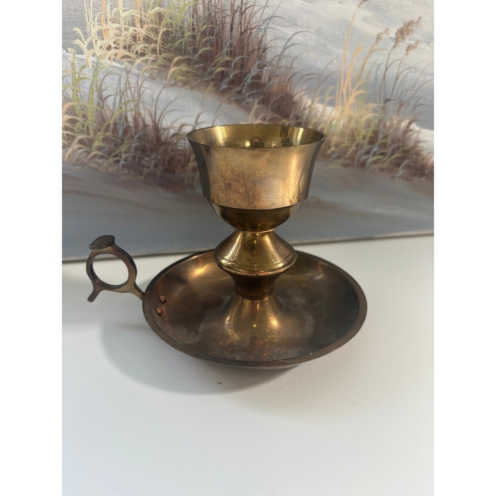 Vintage Solid Brass Chamberstick Candle Holder with Finger Loop Handle Patina