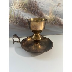 Vintage Solid Brass Chamberstick Candle Holder with Finger Loop Handle Patina