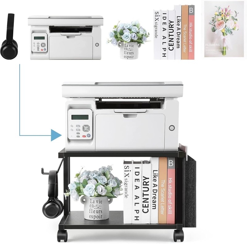 2 Tier Printer Cart w/Wheels Desktop Printer Stand for Office Home Scanner Black gallery