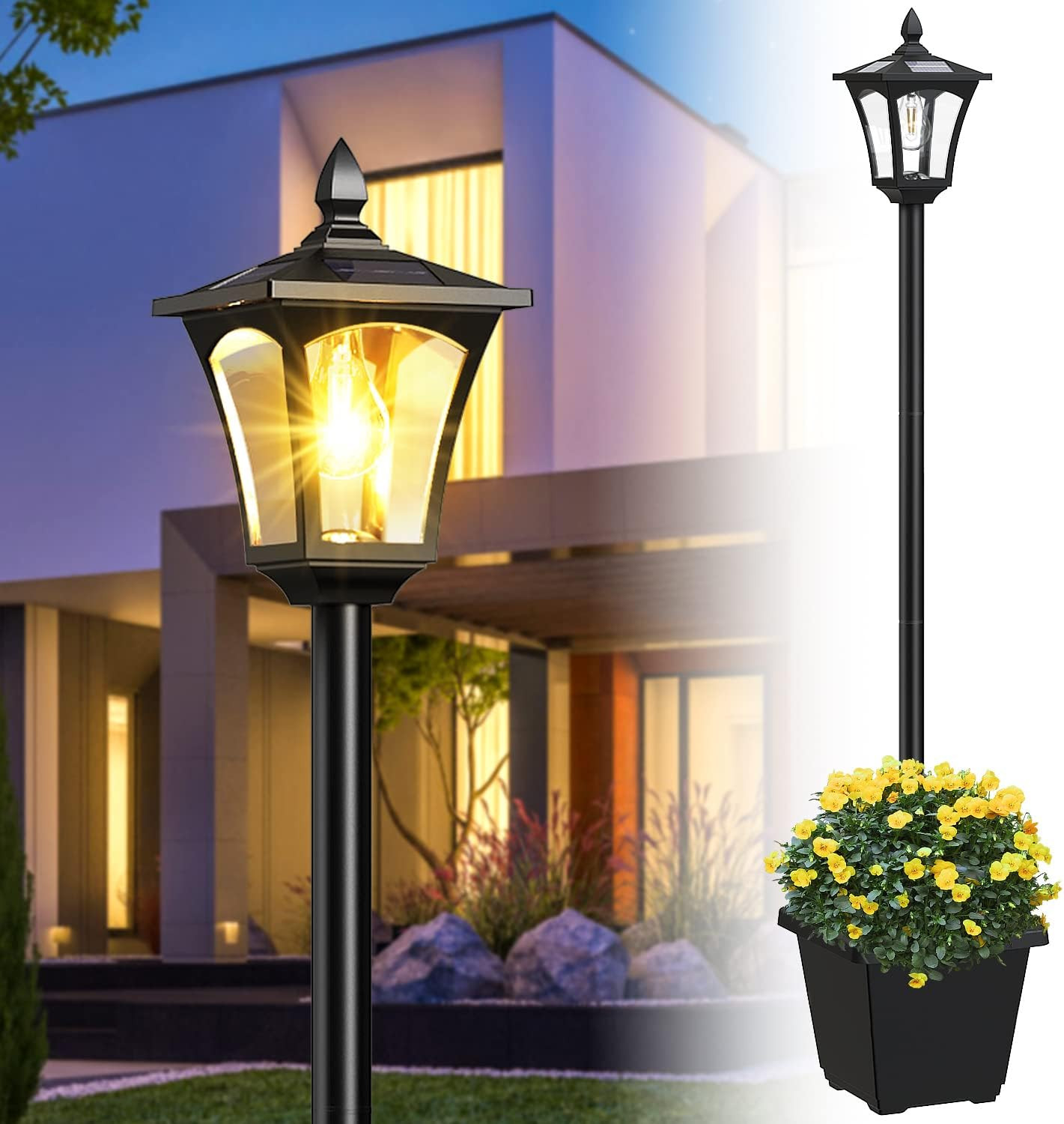64 Inch Solar Lamp Post Light with Planter, 60 High Lumens Street Light, Solar P gallery