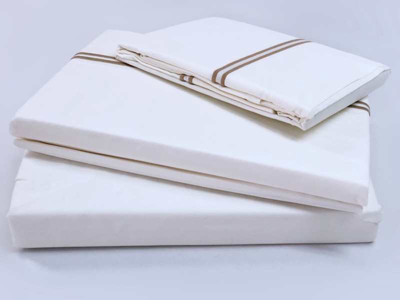 4pc Bed Sheet Set – Cotton with Double Rows Stitch Embroidery - Tan gallery