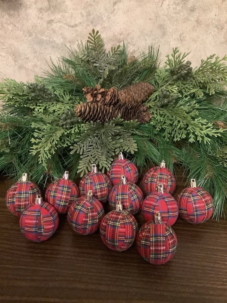 12 Handmade Red Tartan Plaid 2” Rustic Farmhouse Christmas Tree Ornaments, New