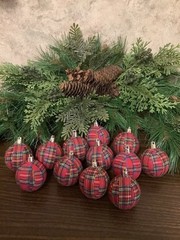 12 Handmade Red Tartan Plaid 2” Rustic Farmhouse Christmas Tree Ornaments, New