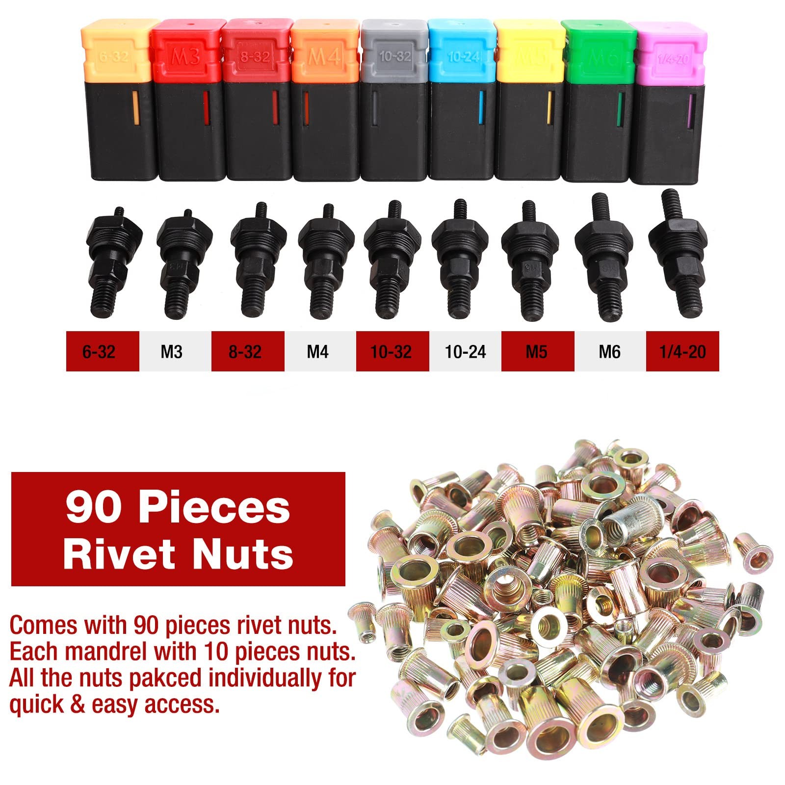 Kit De Remachadora Manual De 8 Pulgadas Con 9 Mandriles Y 90 Tuercas Negro gallery