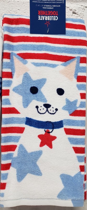 2 DIFFERENT PRINTED TERRY TOWELS (15"x26") PATRIOTIC, USA STAR SPOTTED CAT, KO gallery