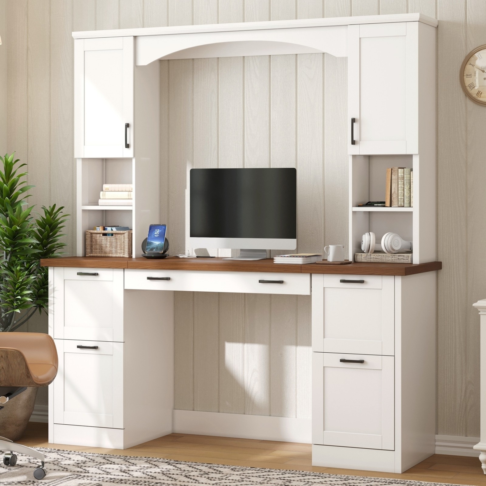 FUNIDEE Farmhouse Computer Desk Home Office Workstation Writing Desk with Hutch gallery