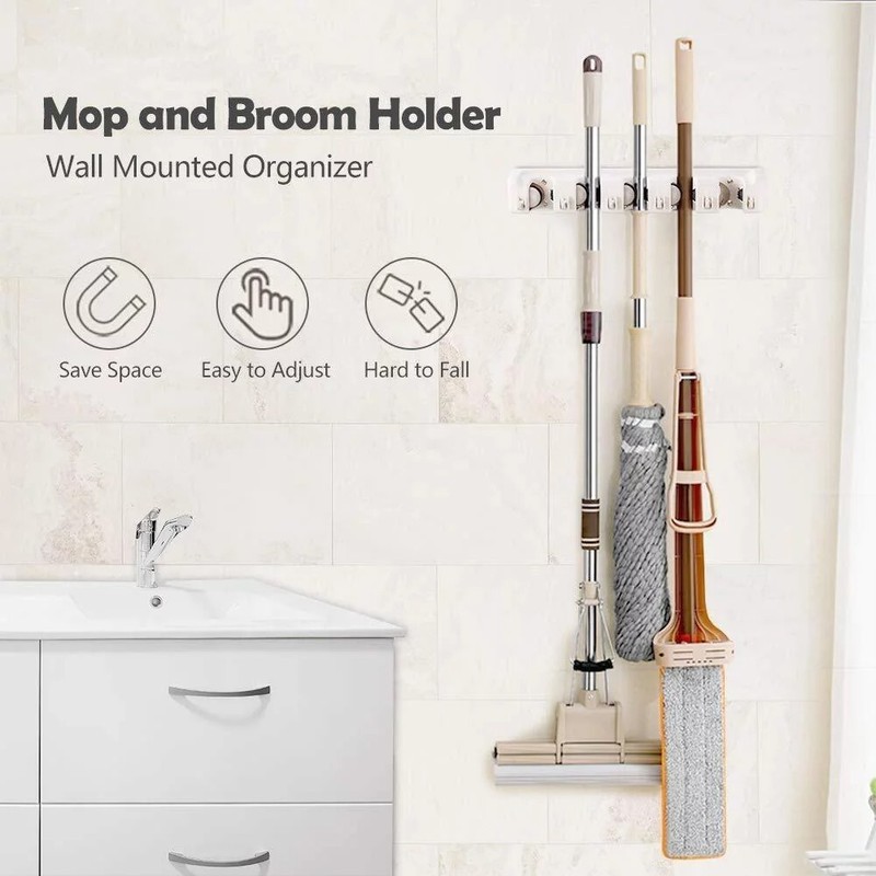 White Wall Mounted Mop & Broom 5 Position Hanger, holds up to 7-1/2 pounds gallery