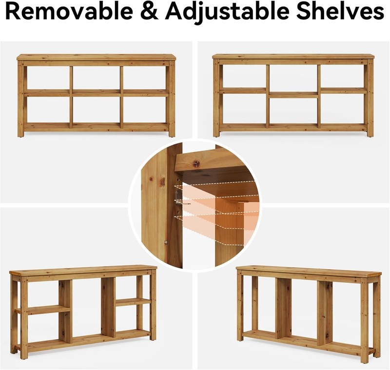 63'' Solid Wood Horizontal Bookcase, Rustic Long Bookshelf with 6 Cubes Storage gallery