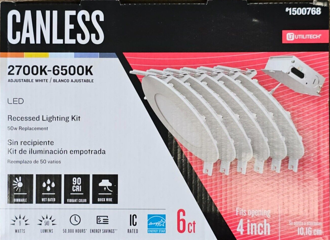 Utilitech Canless (4in) Round 2700k-6500k 540 Lumen Switchable Dimmable (6PK) gallery