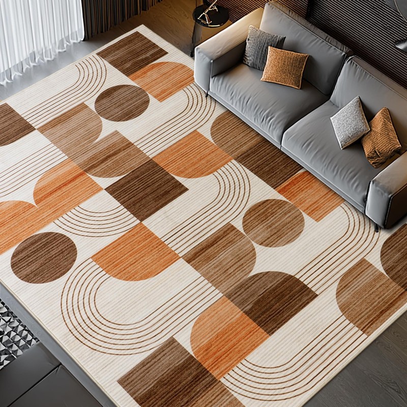 Large Machine Washable 5x7 Area Rug, Soft Modern Geometric Abstract Orange Ru... gallery