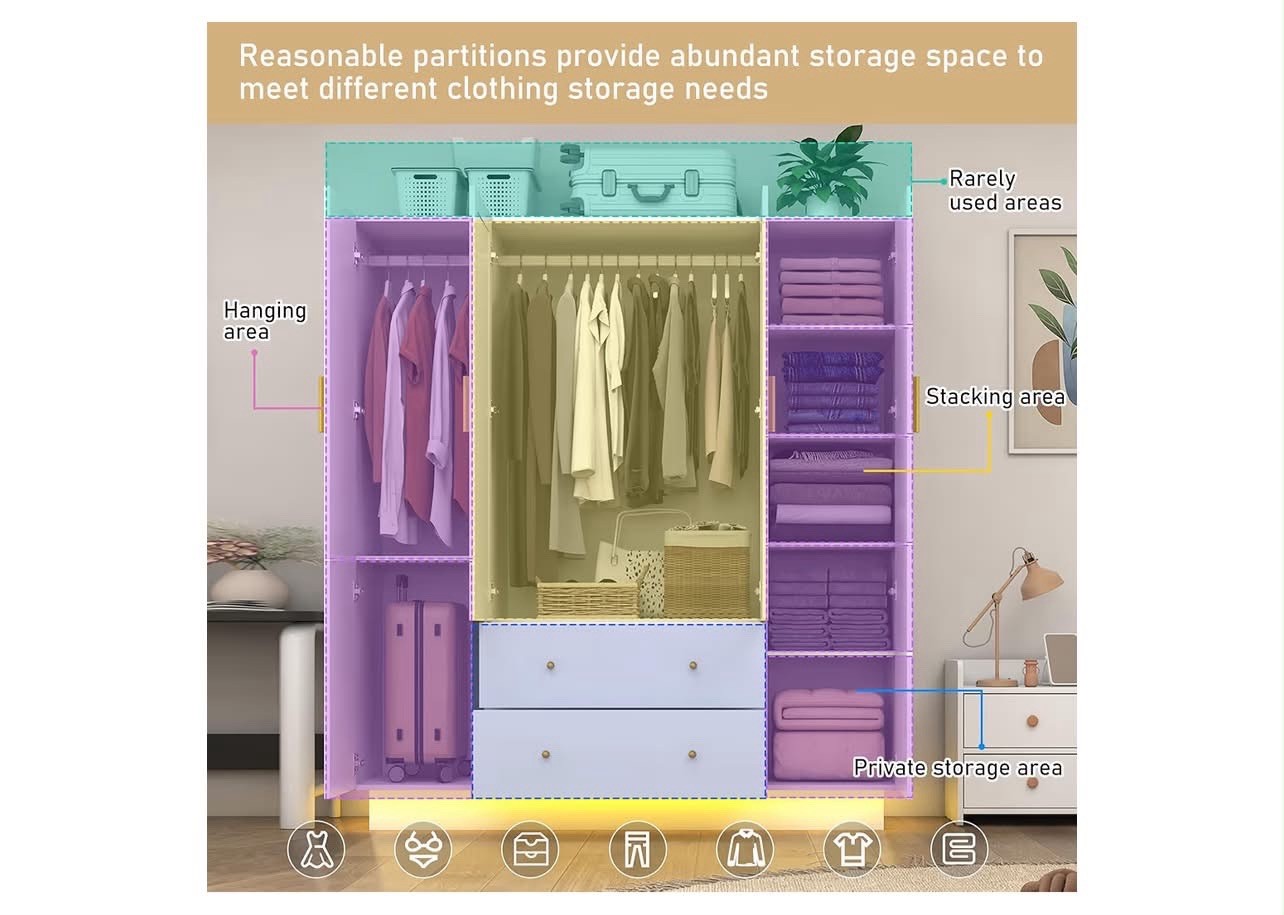 4 Door Wardrobe Closet with Mirrors and LED,Drawers and Shelves, Wardrobe Closet gallery