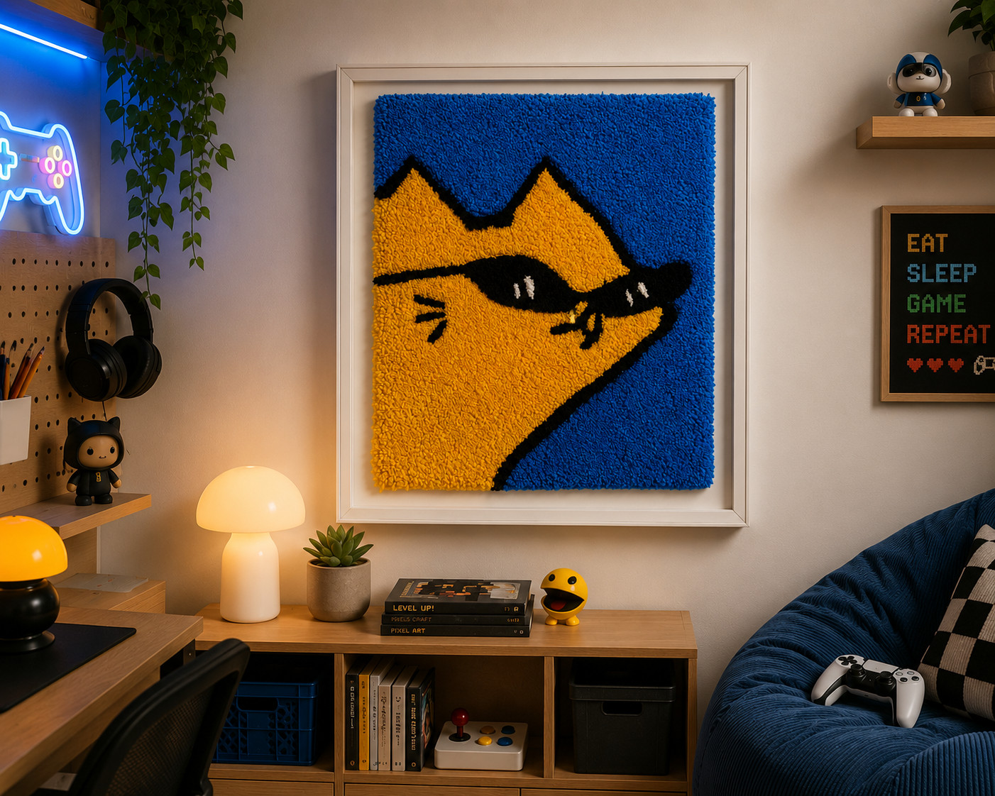 Handmade Yellow Cat Tufted Rug 14x17 Wall Art Cute Modern Accent Rug Decor gallery