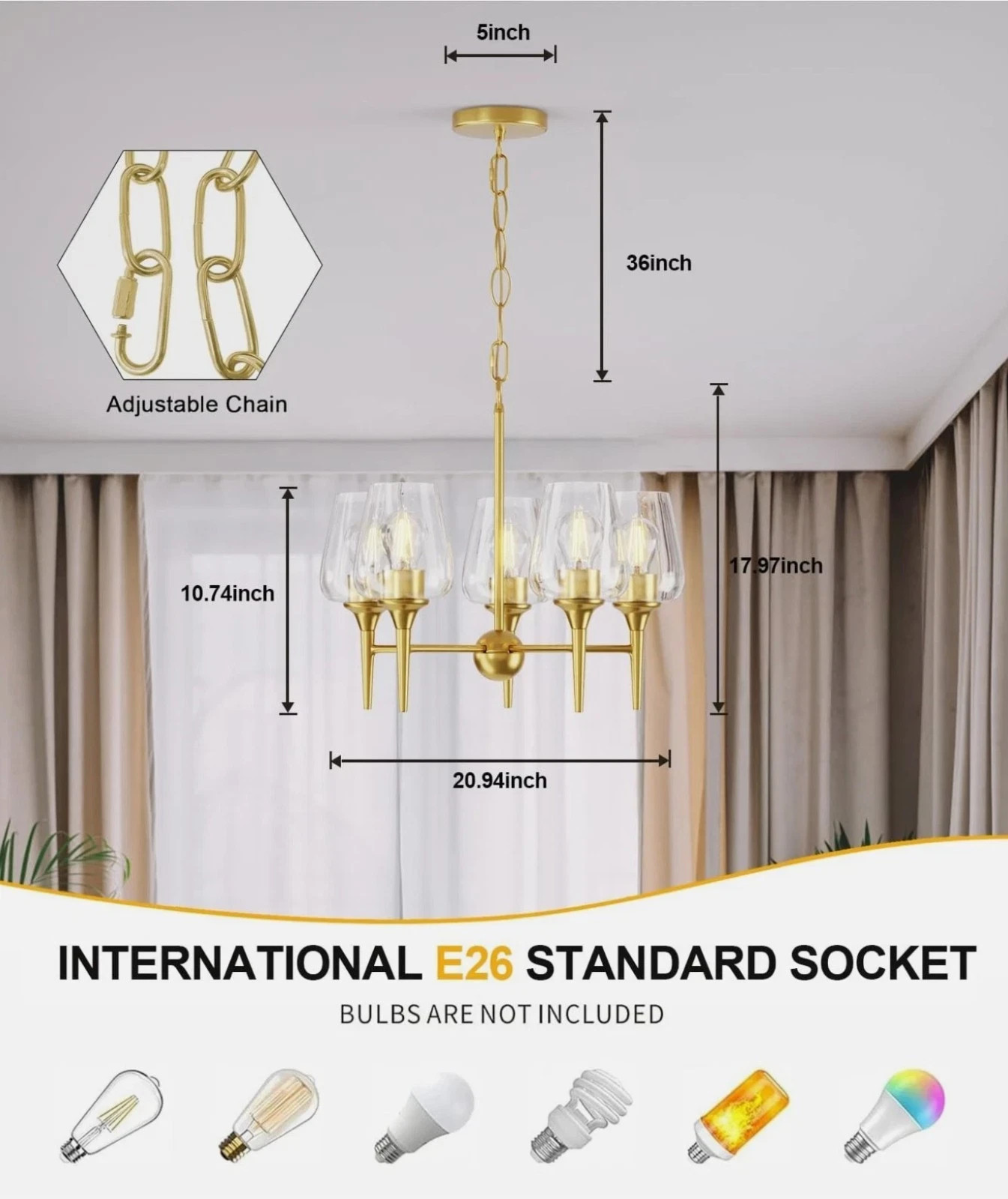 Modern 5-Light Gold Wine Glass Chandelier Satin Brass Clear Glass Dining Room gallery