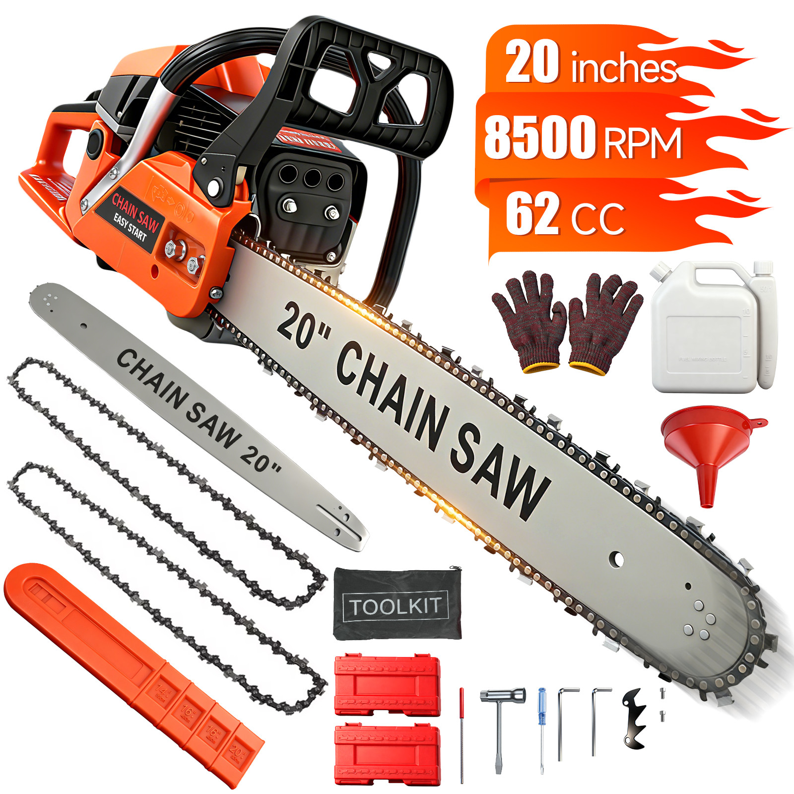 62CC Gasoline Chainsaw Powered Wood Cutting Engine 20” Gas Chain Saw + 2 Chains gallery