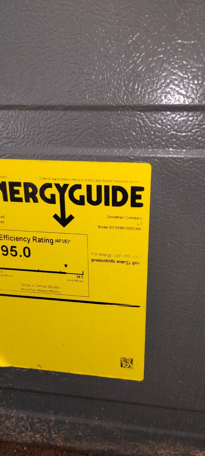 Goodman GCSS961005CNA 95.0 AFUE Natural Gas Central Furnace 115V Gray gallery