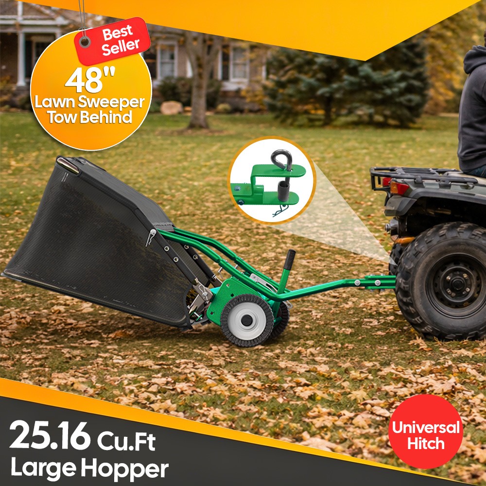 48" Tow Behind Lawn Sweeper Leaf Collector Sweeper for Lawn Grass Sweeper Hopper gallery