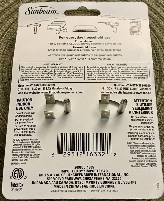Sunbeam Power Xtension 6 Outlet Grounded Wall Tap Adapter gallery