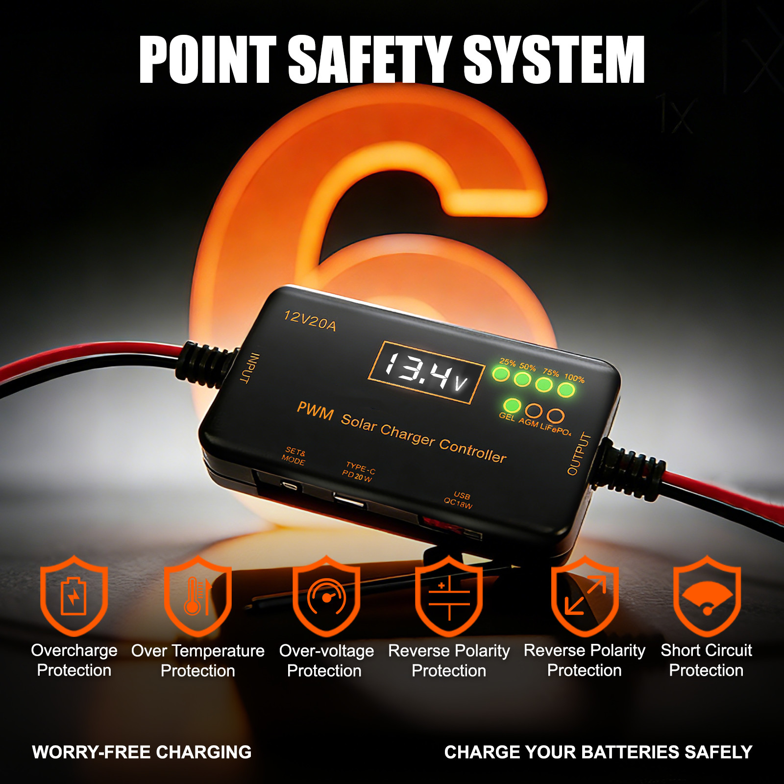 PWM Solar Charge Controller 12V 20A, Solar Panel Charge Controller with Type-C gallery