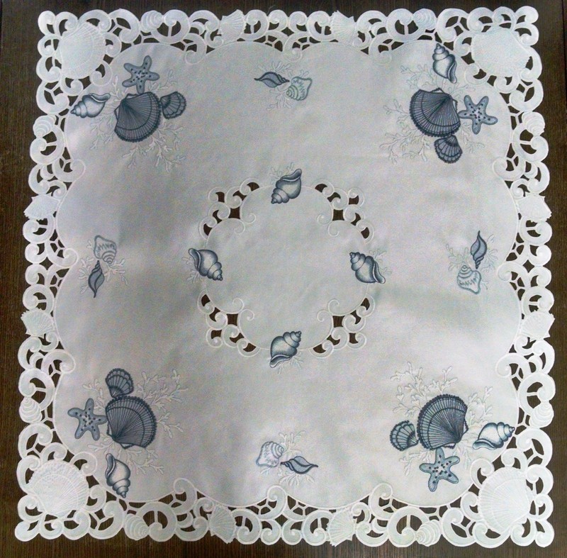 Doily Boutique Table Runner, Doily, Mantel Scarf with Blue Seashells on White gallery