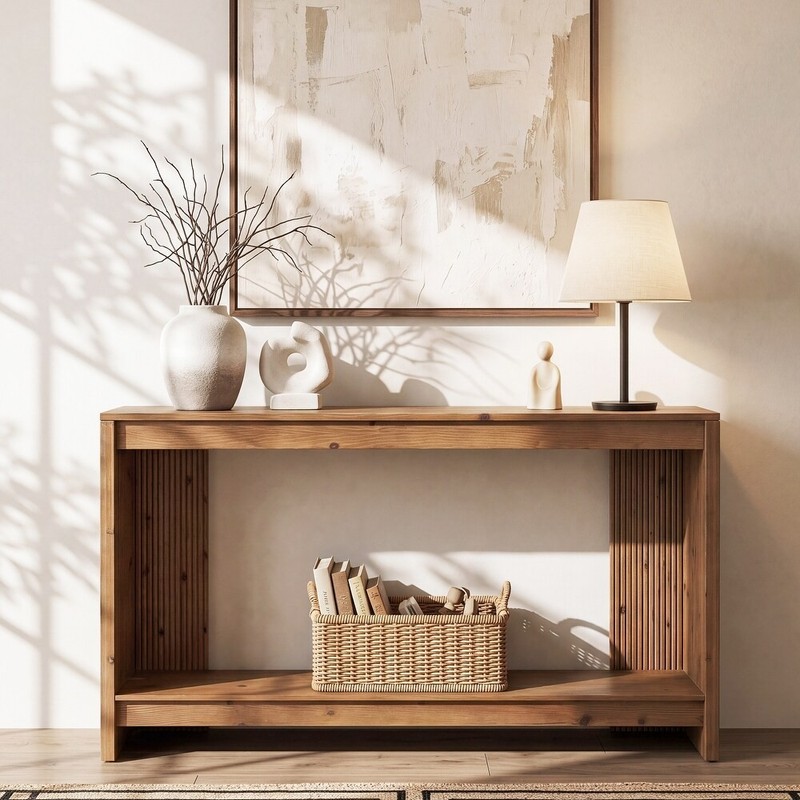 63"Solid Wood Rectangula Sofa Console Table w/ 2-Tier Storage Shelf for Entryway gallery