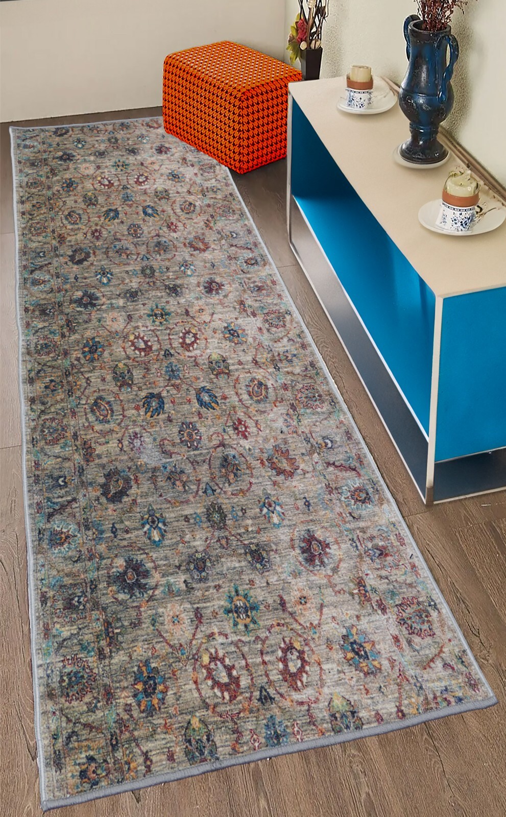 ANTI SLIP Runner Rug Printed Vintage Distressed Floral Cream Design 25in Width gallery