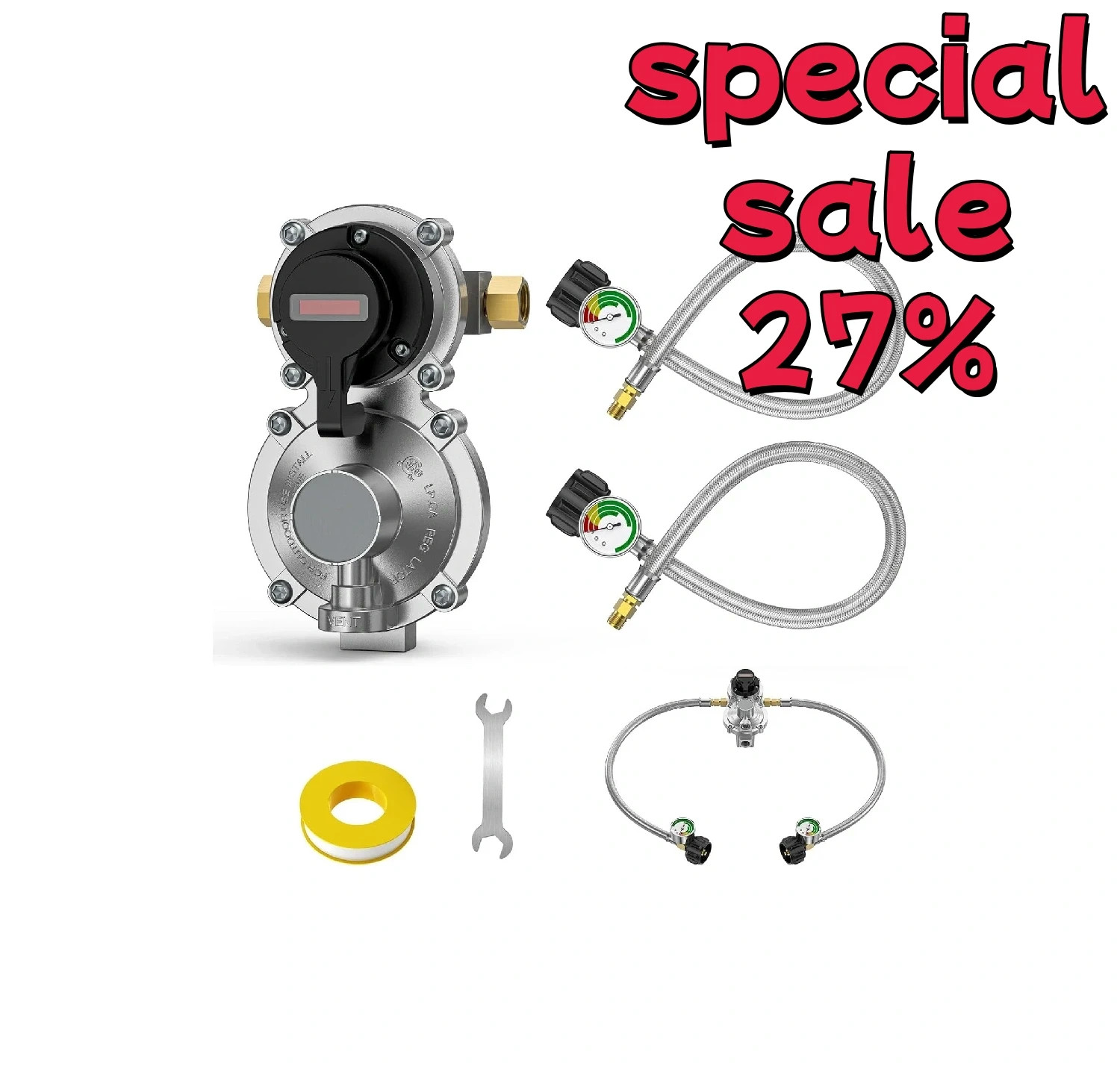 2 Stage Changeover Propane Regulator with Two 18" RV Pigtail Propane Hoses gallery