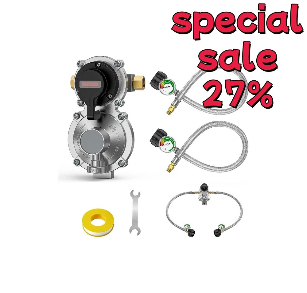 2 Stage Changeover Propane Regulator with Two 18" RV Pigtail Propane Hoses
