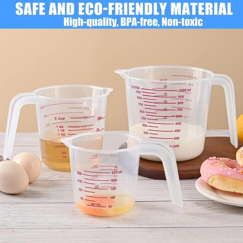 3 Pack Measuring Cup Set – 250ml, 500ml, 1000ml Plastic Cups for Kitchen Use gallery