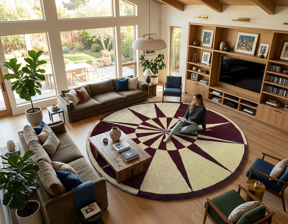 Handmade Tufted Wool Rug: Modern Round Geometric Sunburst Pattern, Neutral Decor gallery
