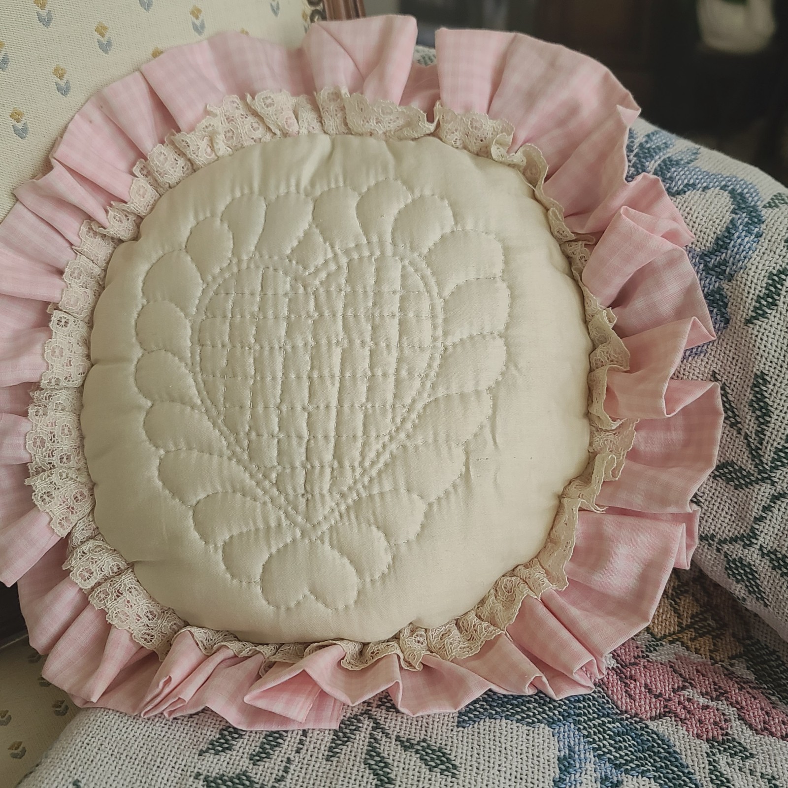 Vintage Round Pink Gingham Ruffle & Lace Embroidered Heart Throw Pillow 13" gallery