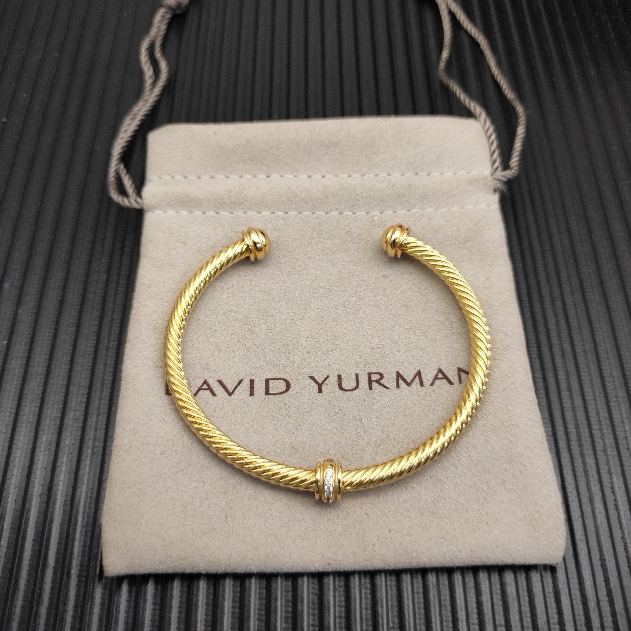 David Yurman 18k Yellow Gold Cable Cuff Bracelet w/ Pave Diamond Accents gallery