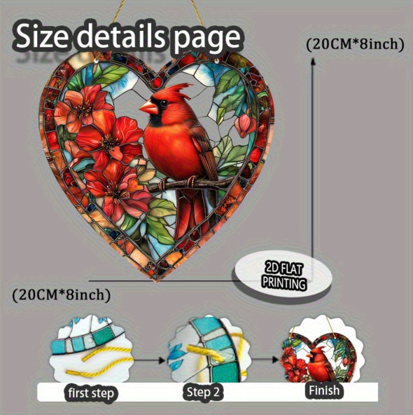 Stained Glass Style Cardinal Heart Suncatcher Memorial Bird Window Decor gallery