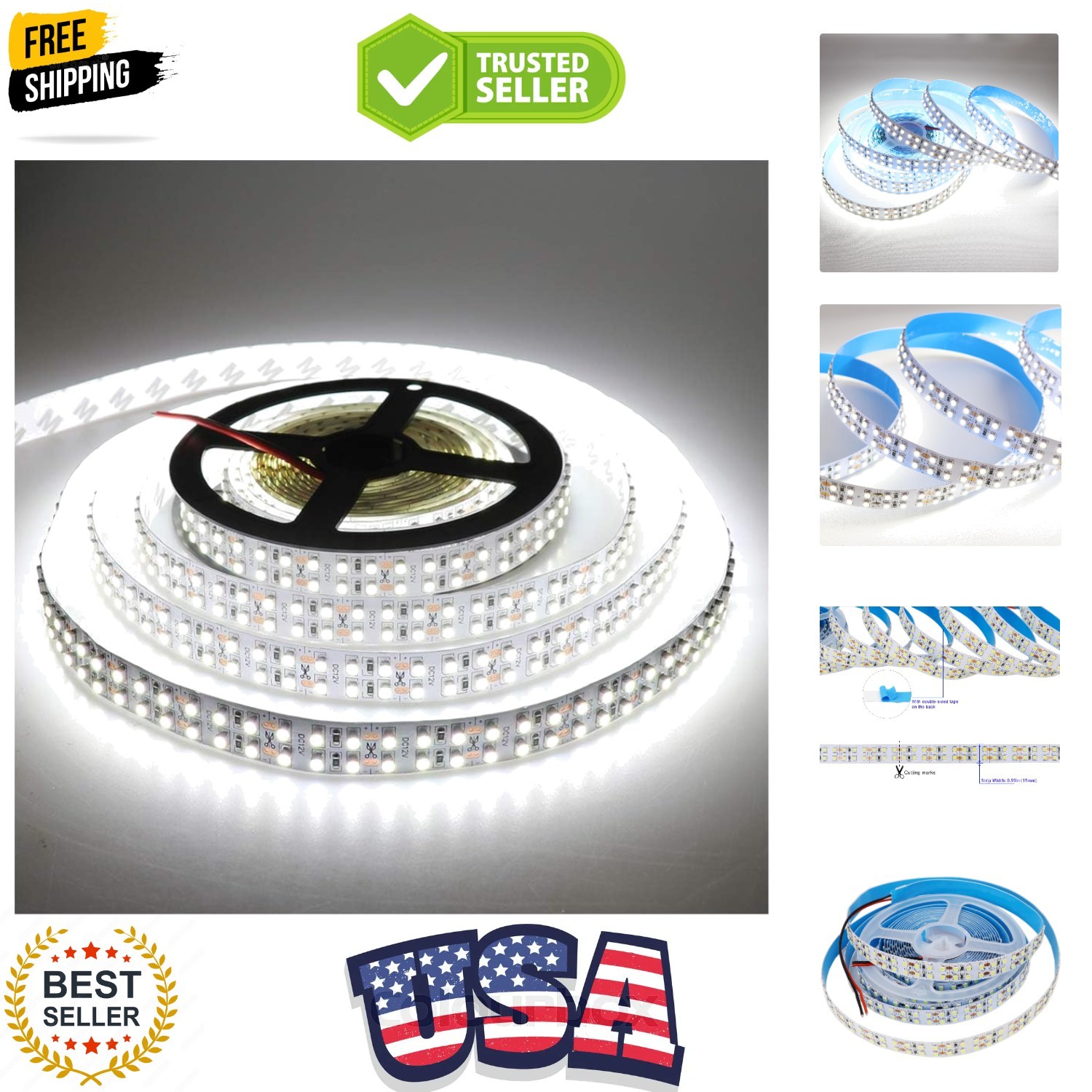 3528 SMD Cold White 6000K LED Strip Lights DC 12V Double Row 1200LEDs Flexibl... gallery