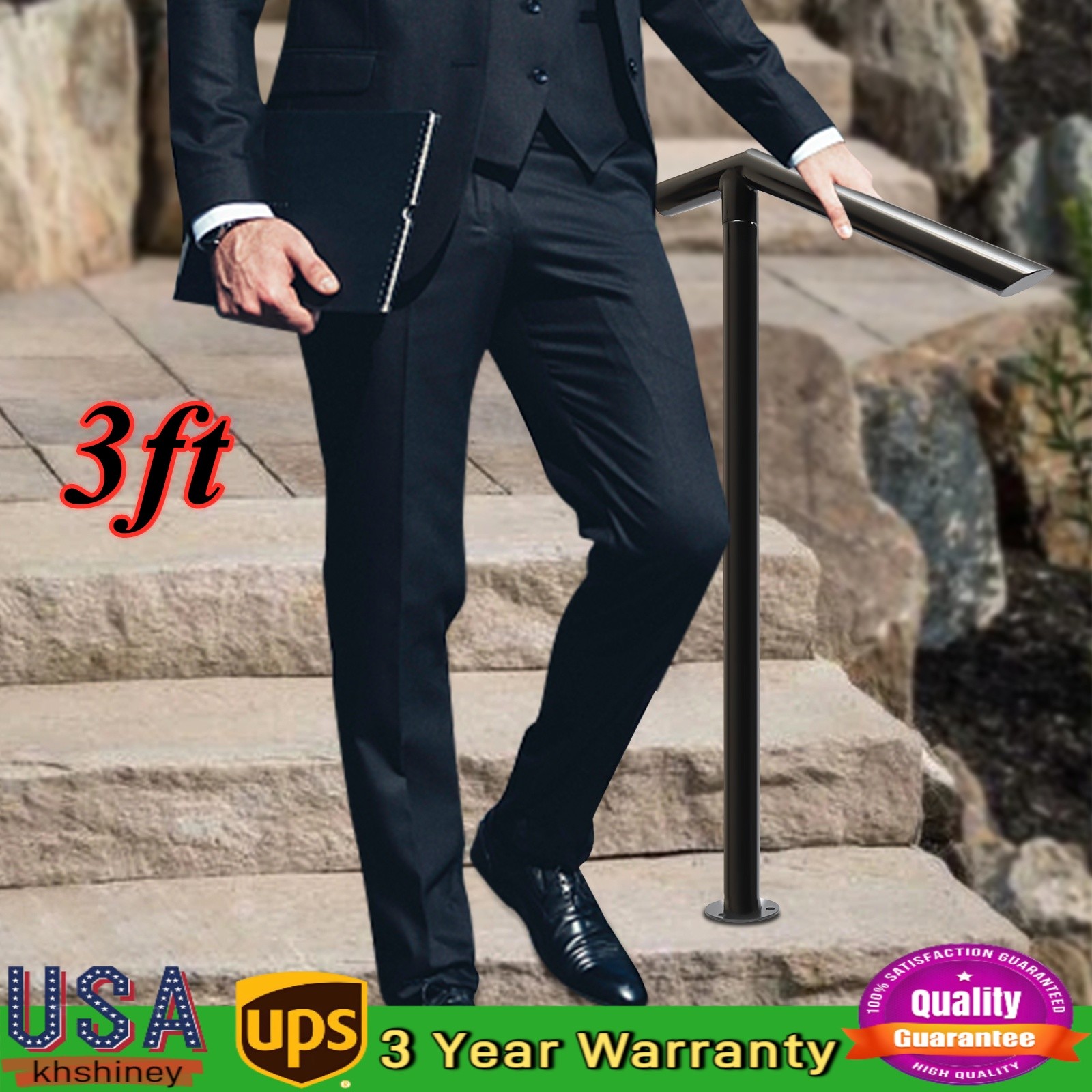 For 2-3 Steps Stair Rail Railing Iron Handrail Kit Outdoor Garden Porch Post US gallery
