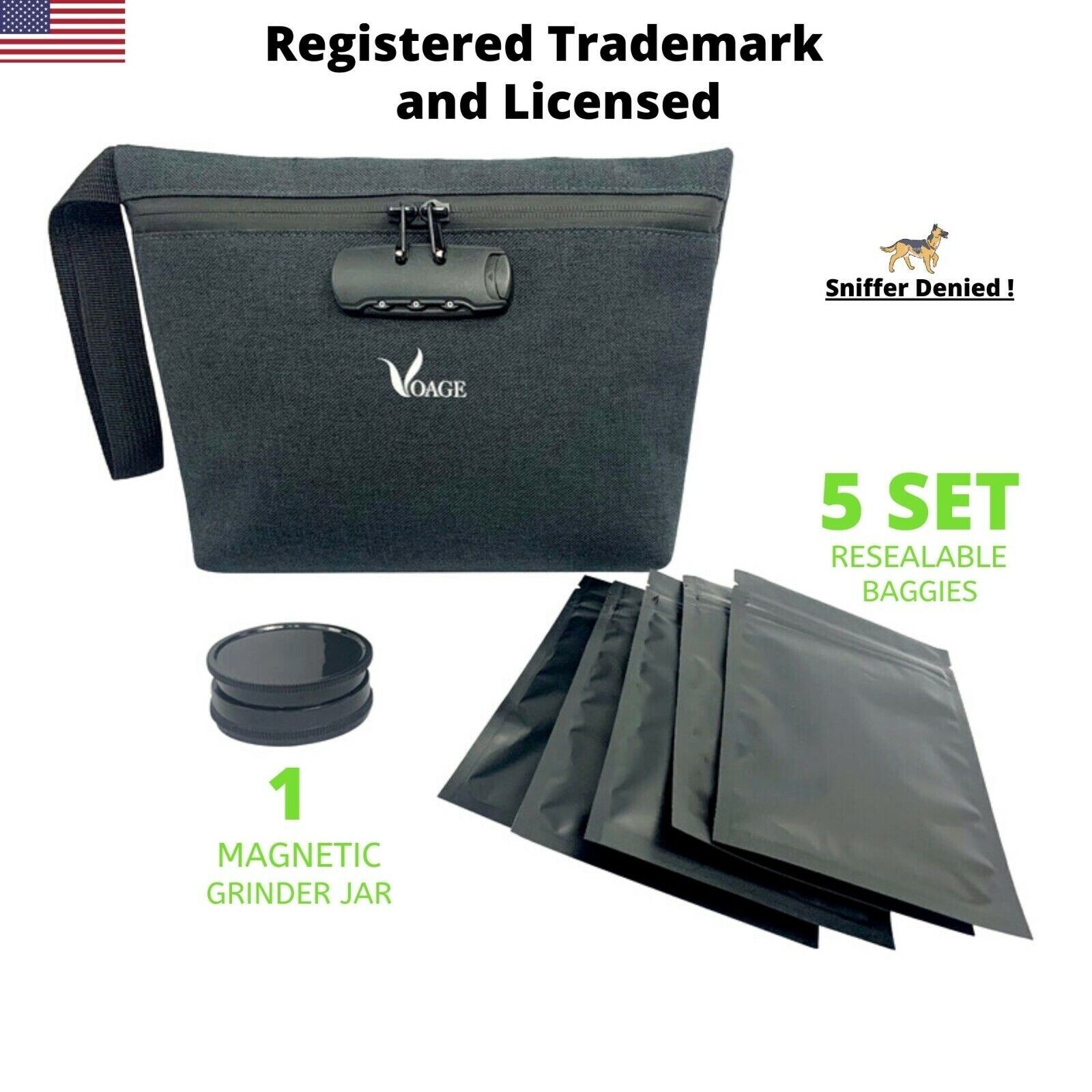 Smell Proof Bag With Lock + Magnetic Grinder + 5 Sealed Baggies, Water Resistant gallery