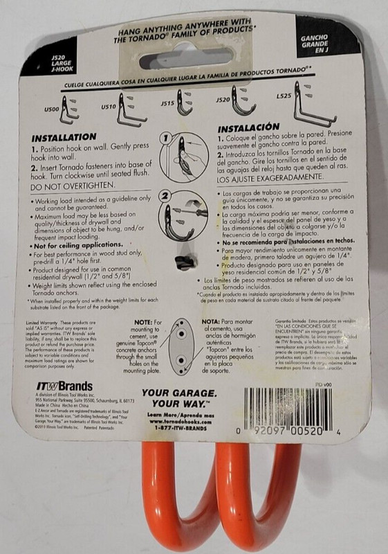TORNADO #00520 LARGE J HOOK ORANGE COATED 40 LB CAPACITY, NEW ! gallery