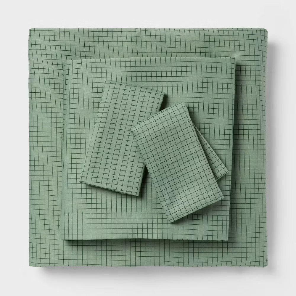 Full Cotton Blend Sateen Sheet Set Sage Green Micro Grid - Room gallery