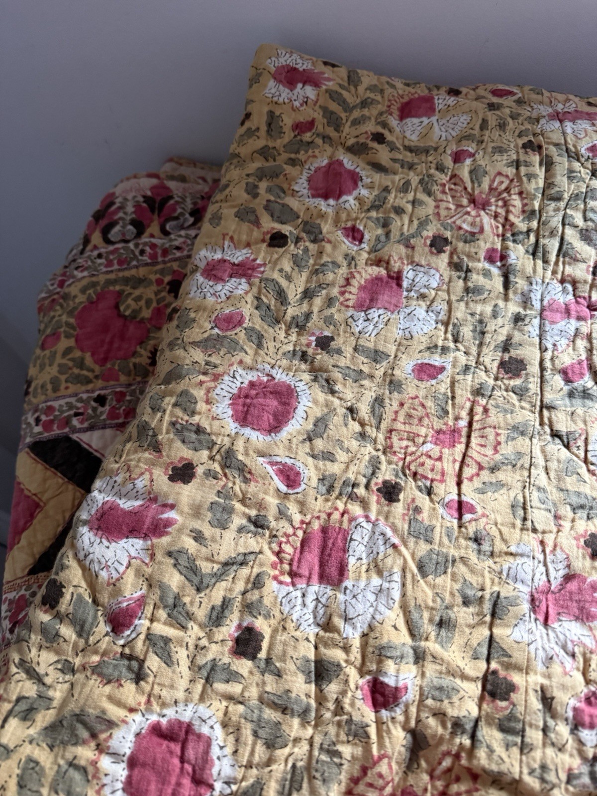Pottery Barn King Quilt Handcrafted Reversible Floral Yellow Gold Multi Cotton gallery