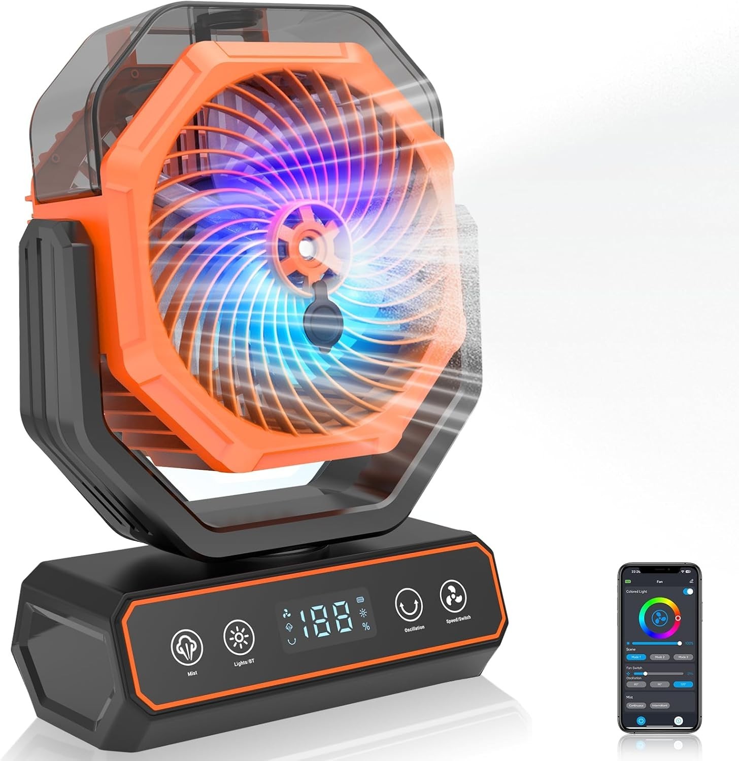 Smart Rechargeable Rotating Misting Camping Fan with RGB LED Light gallery