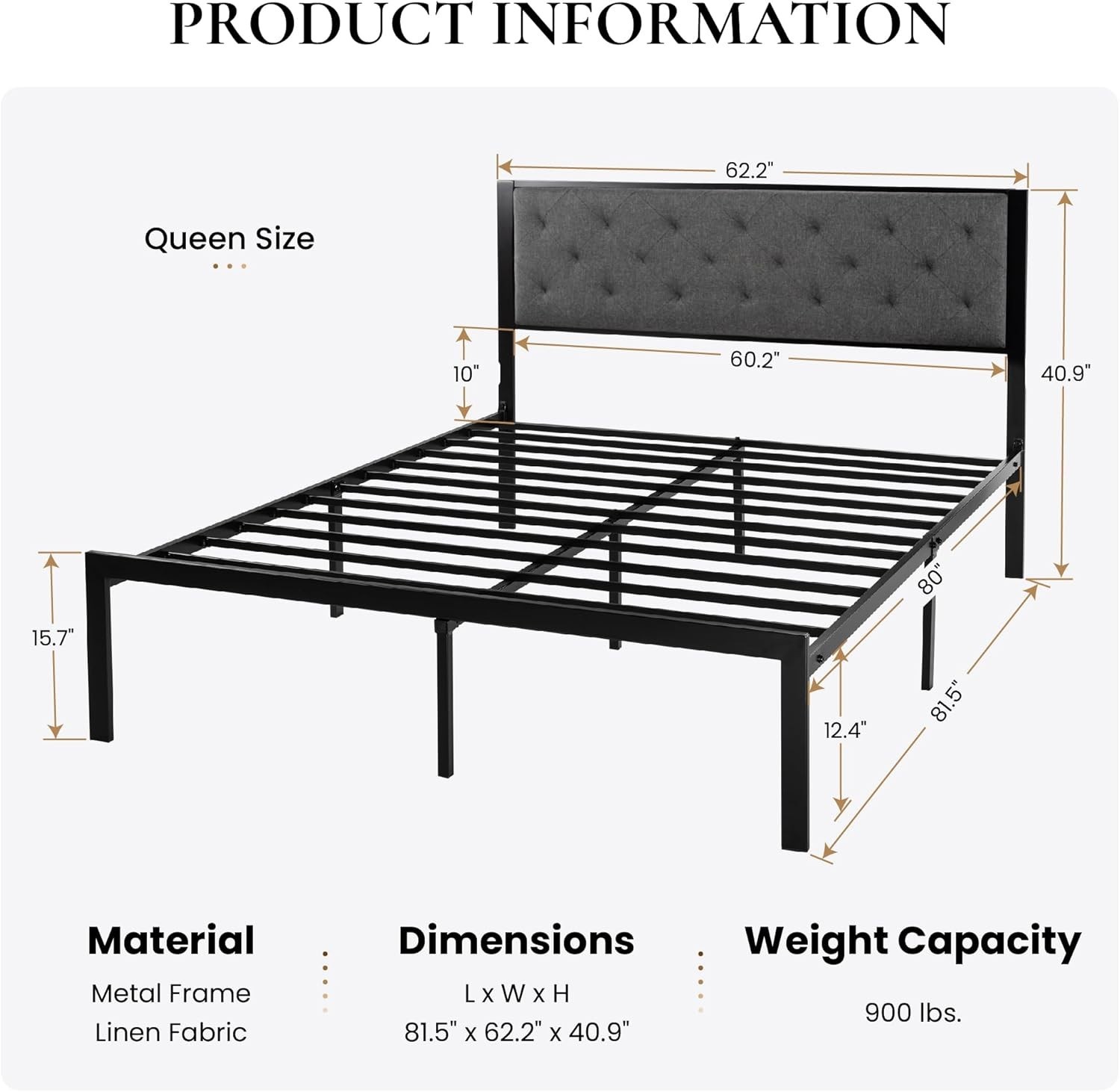 Queen Metal Platform Bed Frame Linen Upholstered Button Tufted Headboard gallery
