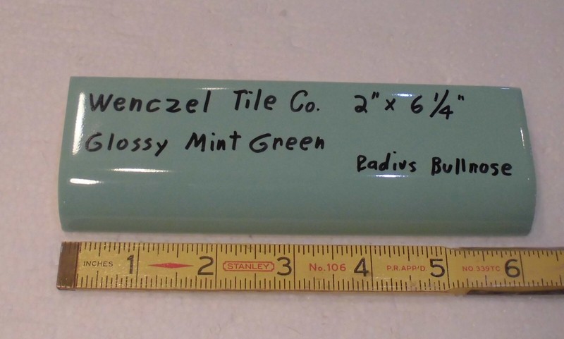 1 pc. Mint Green: Glossy Ceramic Radius Bullnose Tile: Wenczel Co. 2" X 6-1/4" gallery