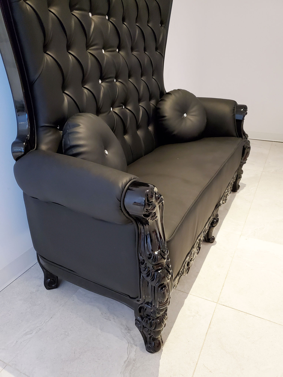 Double High Back Chair Queen Throne in Black Leather Black Frame gallery